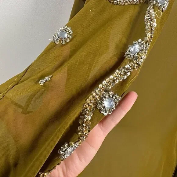 Festival sequins bejeweled open front floor length duster cardigan chiffon jacke - Picture 3 of 5